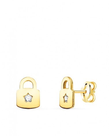 Pendientes oro 18k candado circonita cierre presión 8x6mm