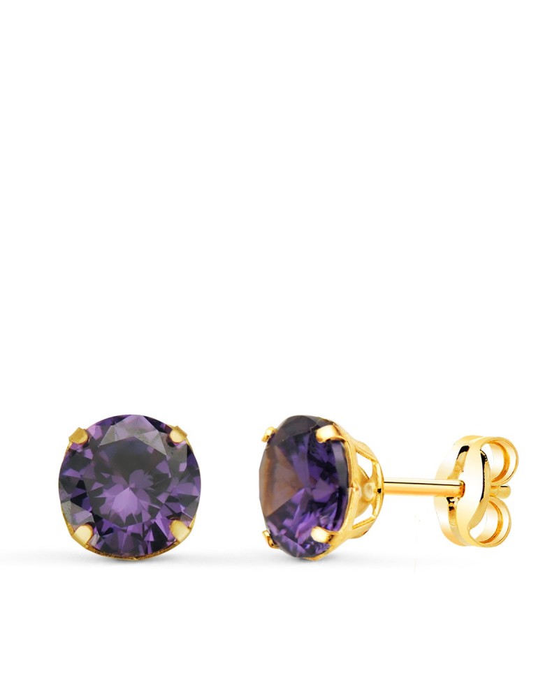 Pendientes oro 18k redondos amatista 6mm cierre presión