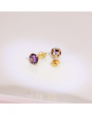 Pendientes oro 18k redondos amatista 6mm cierre presión