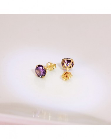 Pendientes oro 18k redondos amatista 6mm cierre presión