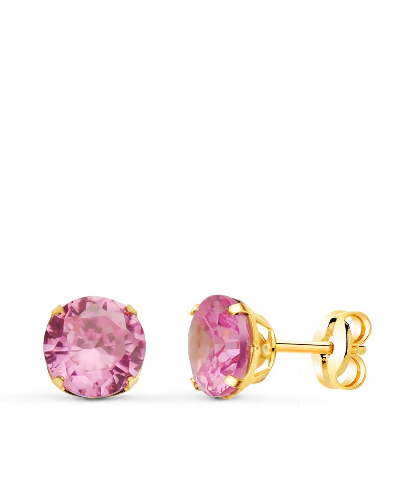 Pendientes oro 18k rosa piedra rosa 6mm cierre presión