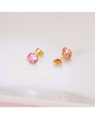 Pendientes oro 18k rosa piedra rosa 6mm cierre presión