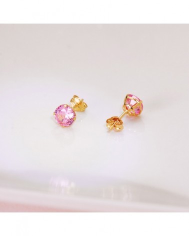 Pendientes oro 18k rosa piedra rosa 6mm cierre presión