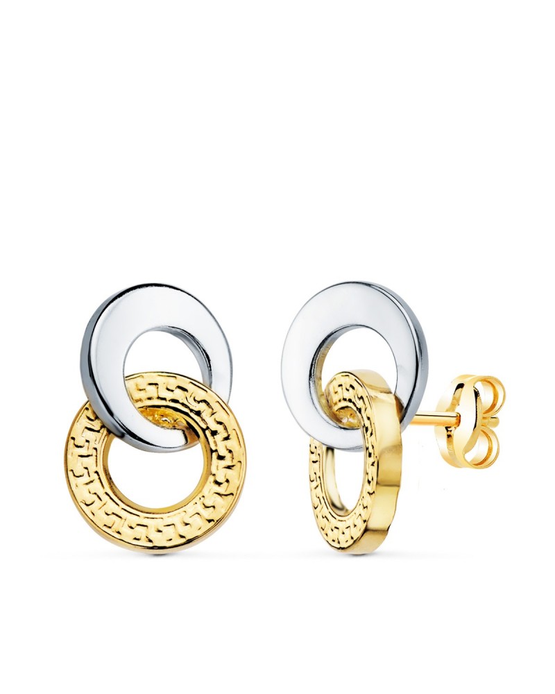 Pendientes oro 18k bicolor doble aro textura greca 13x9mm