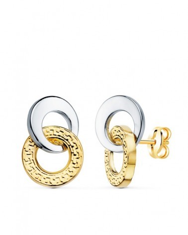 Pendientes oro 18k bicolor doble aro textura greca 13x9mm