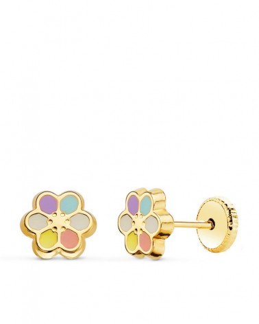 Pendientes oro 18k flor esmalte multicolor 7mm cierre tuerca
