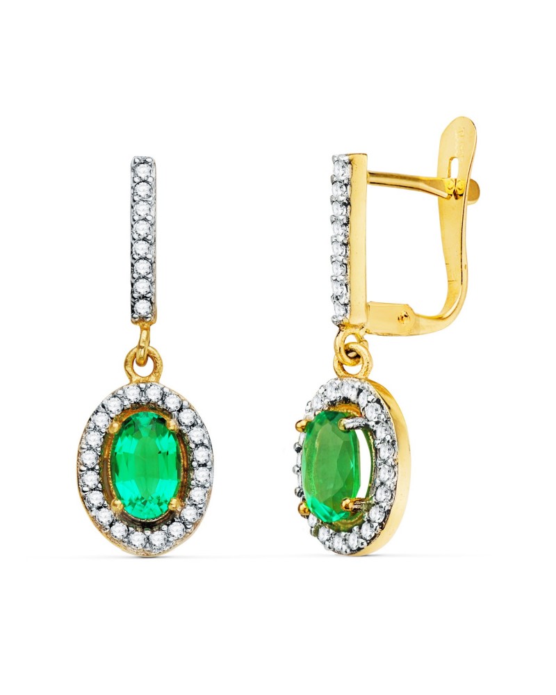 Pendientes oro 18k bicolor esmeralda circonitas colgantes