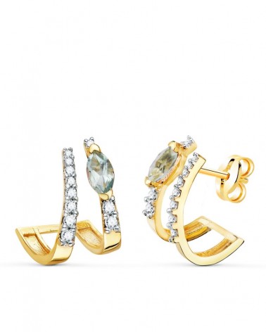 Pendientes oro 18k bandas circonita piedra azul 15x11mm