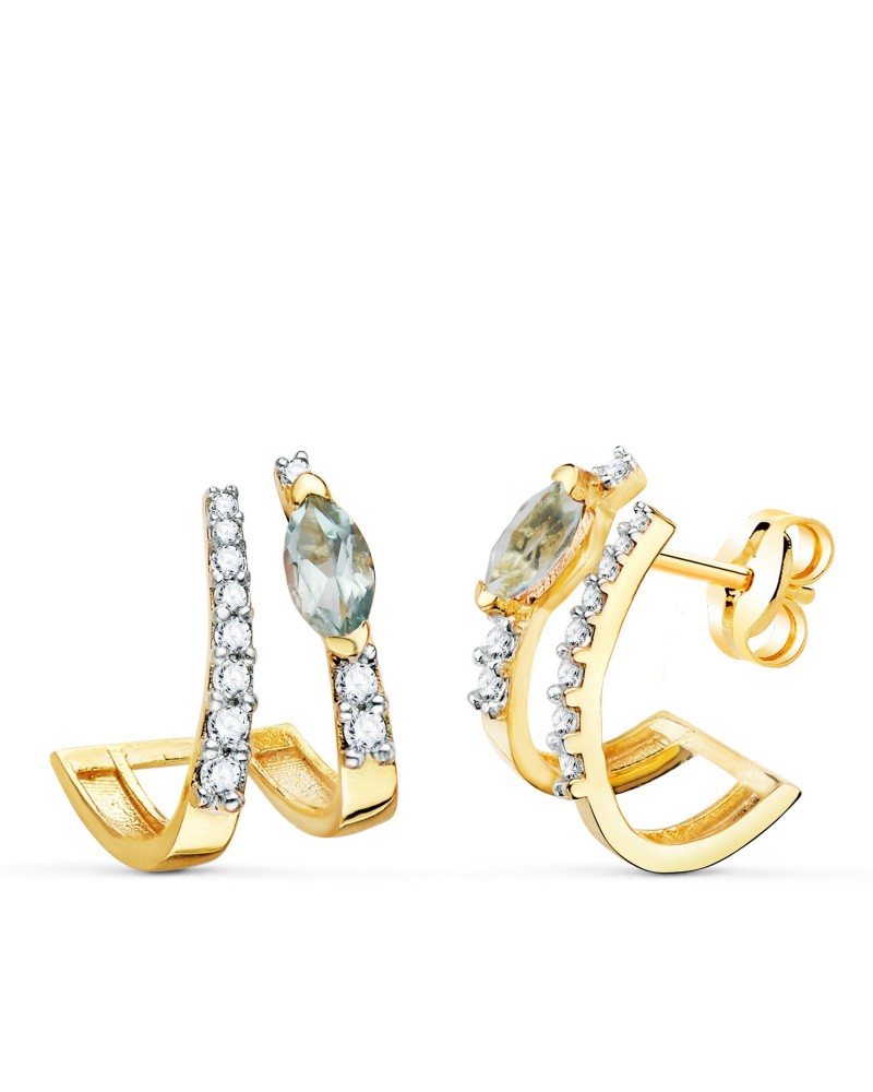 Pendientes oro 18k bandas circonita piedra azul 15x11mm