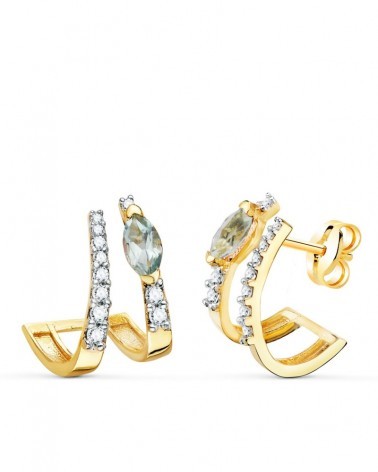 Pendientes oro 18k bandas circonita piedra azul 15x11mm