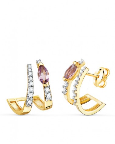 Pendientes oro 18k bicolor amatista natural circonita