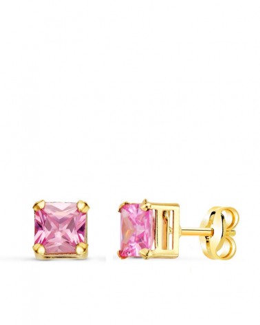 Pendientes oro 18k cuadrados piedra rosa 5,5mm
