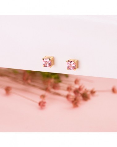 Pendientes oro 18k cuadrados piedra rosa 5,5mm