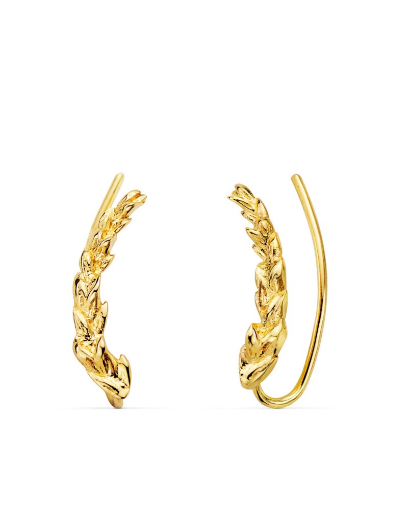 Pendientes trepadores oro 18k amarillo hojitas 15x3mm