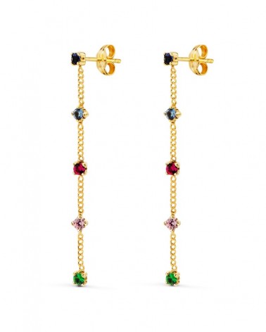 Pendientes oro 18k largos cadena circonitas colores 39mm