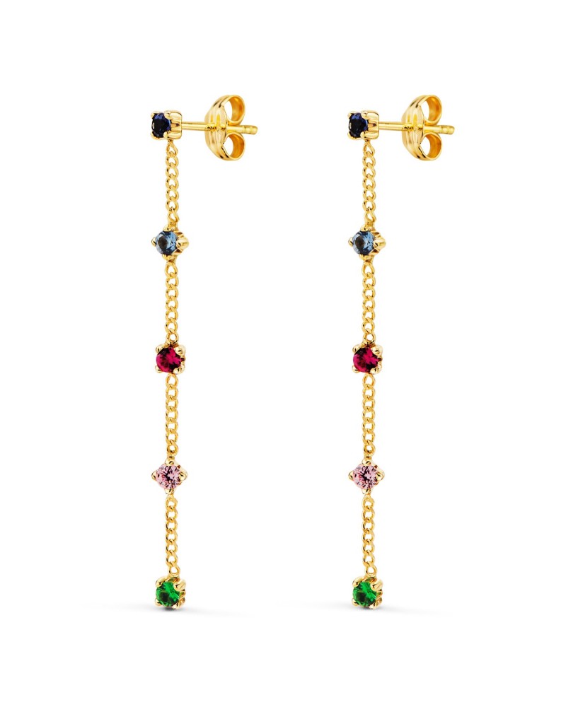 Pendientes oro 18k largos cadena circonitas colores 39mm