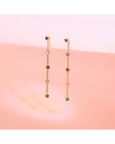 Pendientes oro 18k largos cadena circonitas colores 39mm