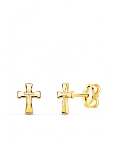 Pendientes oro 18k cruz amarillo cierre presión 6x4,5mm