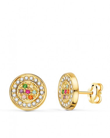 Pendientes oro 18k redondos circonita multicolor 9mm
