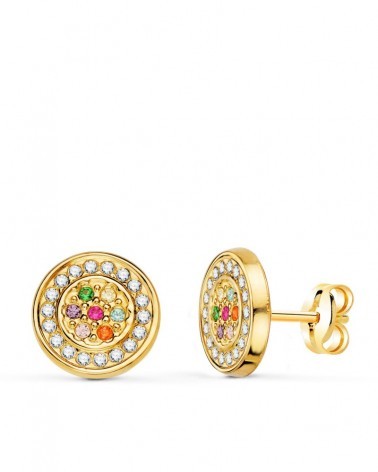 Pendientes oro 18k redondos circonita multicolor 9mm
