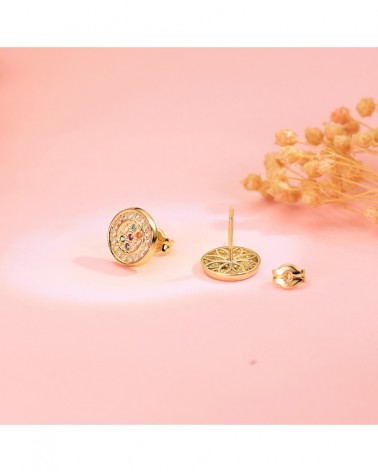 Pendientes oro 18k redondos circonita multicolor 9mm