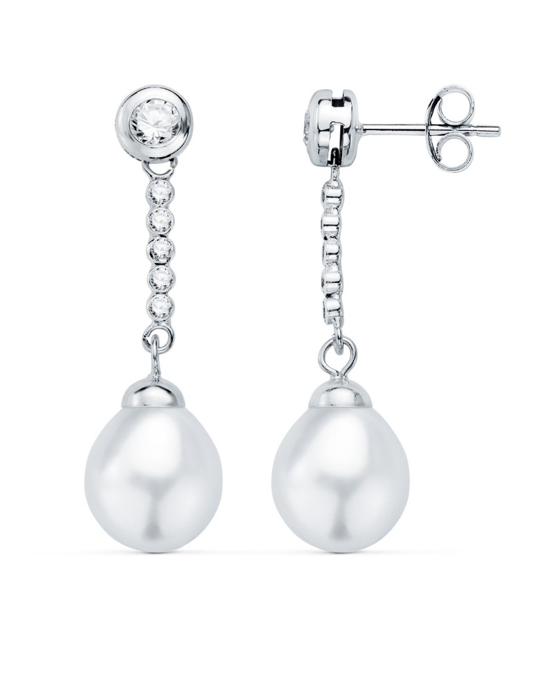 Pendientes oro blanco 18k perla circonita colgantes
