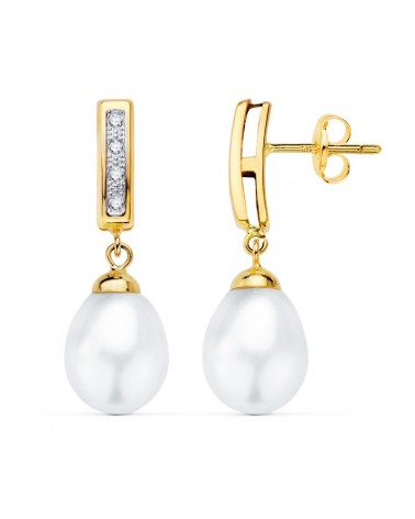 Pendientes oro 18k bicolor perla circonita 25mm presión