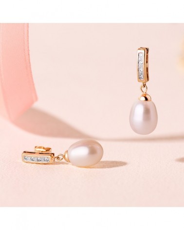 Pendientes oro 18k bicolor perla circonita 25mm presión