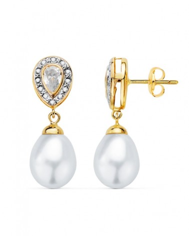 Pendientes oro 18k bicolor perla circonita 25x8mm