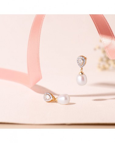 Pendientes oro 18k bicolor perla circonita 25x8mm