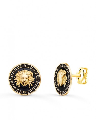 Pendientes oro 18k Medusa esmalte negro 12mm