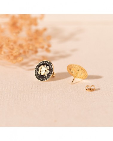 Pendientes oro 18k Medusa esmalte negro 12mm