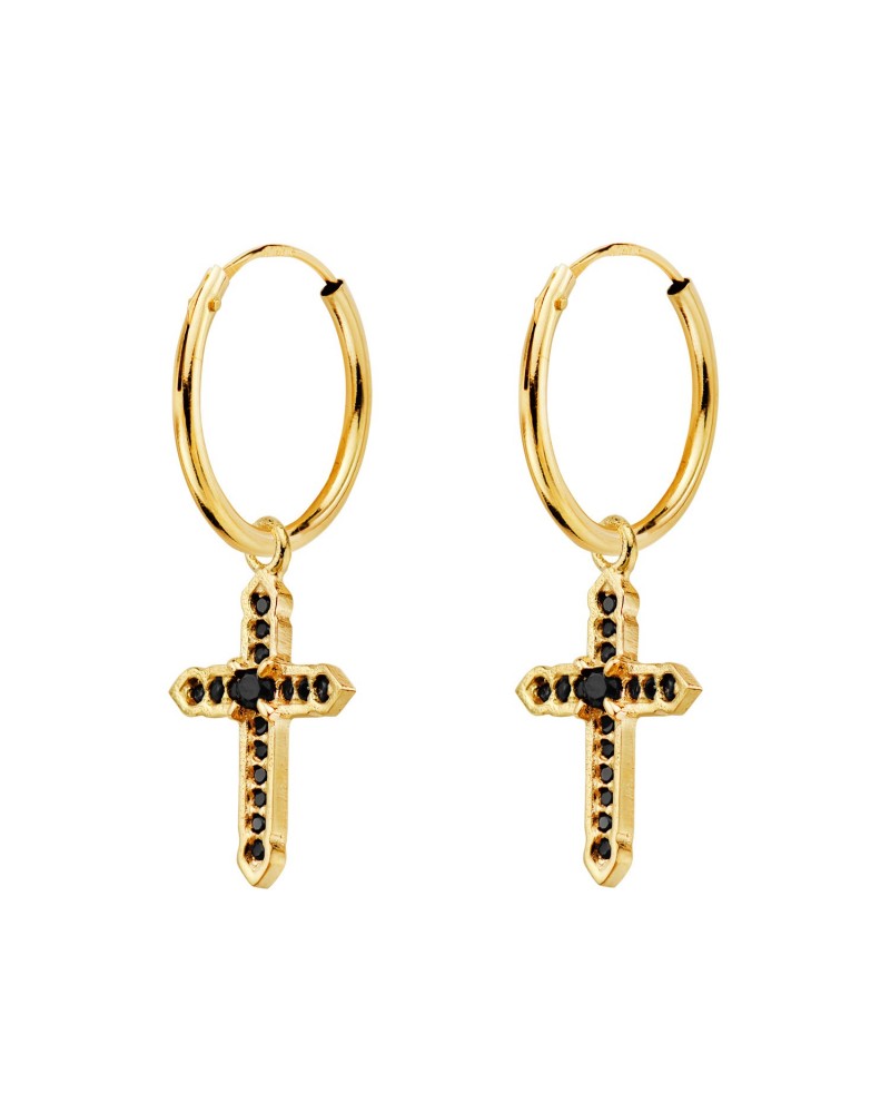 Aros oro 18k cruz circonita negra 14mm