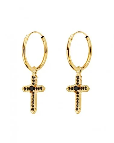 Aros oro 18k cruz circonita negra 14mm