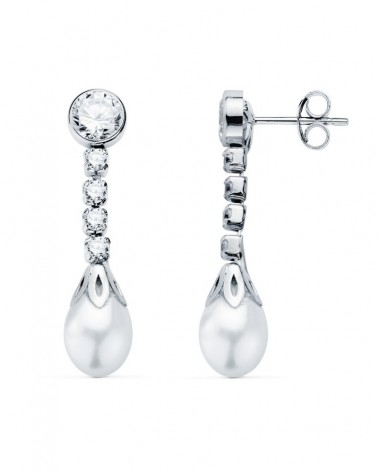 Pendientes oro blanco 18k perlas circonitas 27mm
