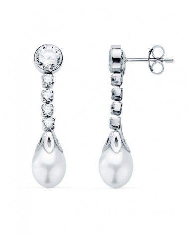 Pendientes oro blanco 18k perlas circonitas 27mm