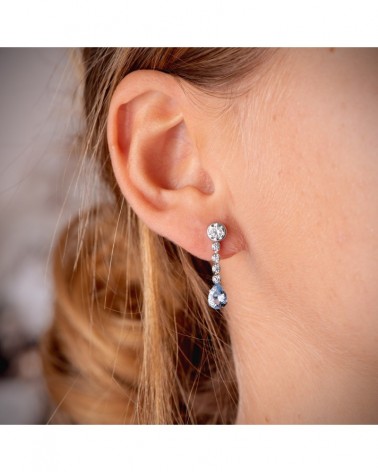 Pendientes oro blanco 18k aguamarina gota circonitas 22mm