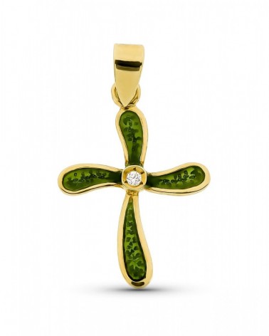 Cruz oro 18k amarillo esmaltada verde circonita 21x15 mm