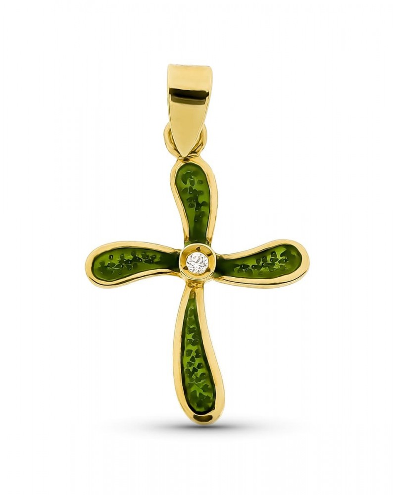 Cruz oro 18k amarillo esmaltada verde circonita 21x15 mm
