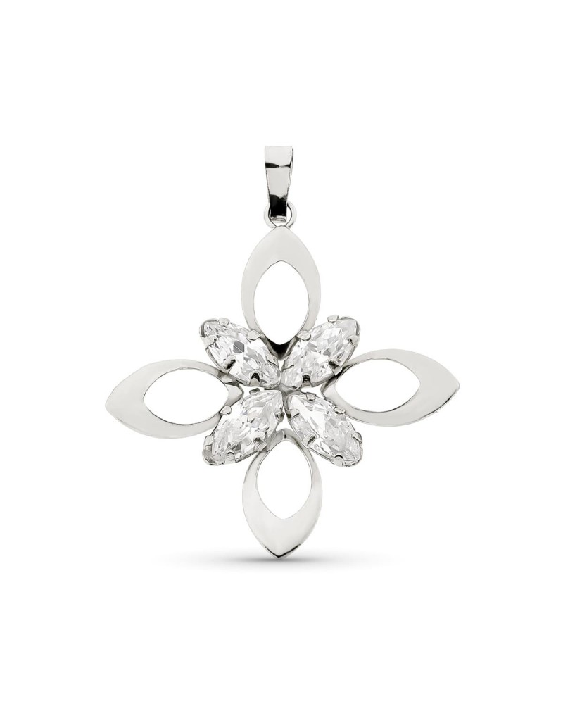 Colgante oro blanco 18k flor circonitas 32x29mm