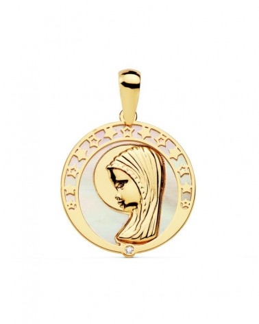 Medalla oro 18k Virgen Niña nácar circonita 17mm