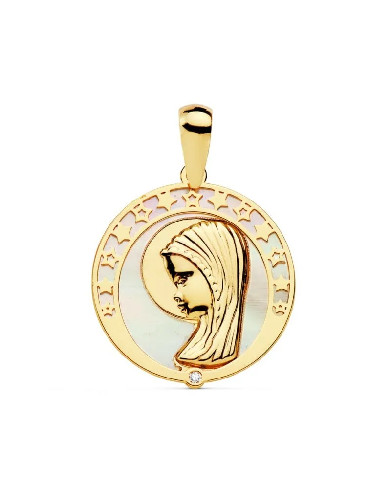 Medalla oro 18k Virgen Niña nácar circonita 17mm