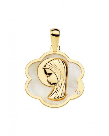 Medalla oro 18k Virgen Niña nácar forma flor
