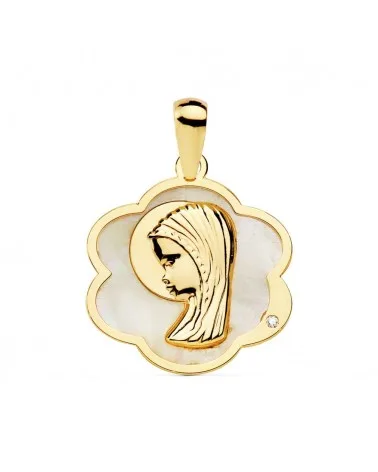 Medalla oro 18k Virgen Niña nácar forma flor