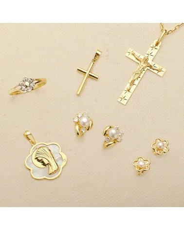 Medalla oro 18k Virgen Niña nácar forma flor