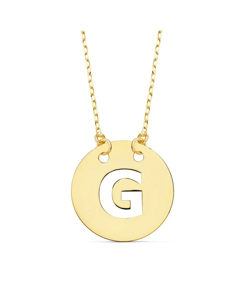 Colgante oro 18k letra G círculo 15mm cadena 42cm