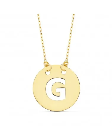 Colgante oro 18k letra G círculo 15mm cadena 42cm