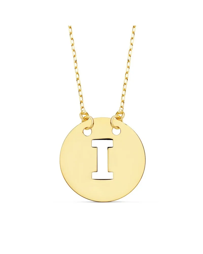 Colgante oro 18k letra I círculo 15 mm cadena 42 cm