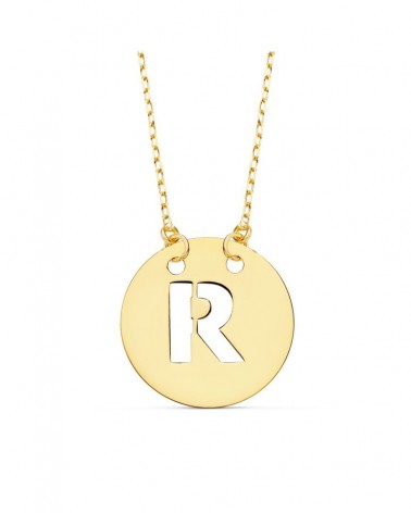 Colgante letra R oro 18k amarillo cadena 42cm