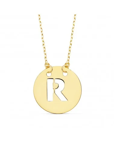 Colgante letra R oro 18k amarillo cadena 42cm